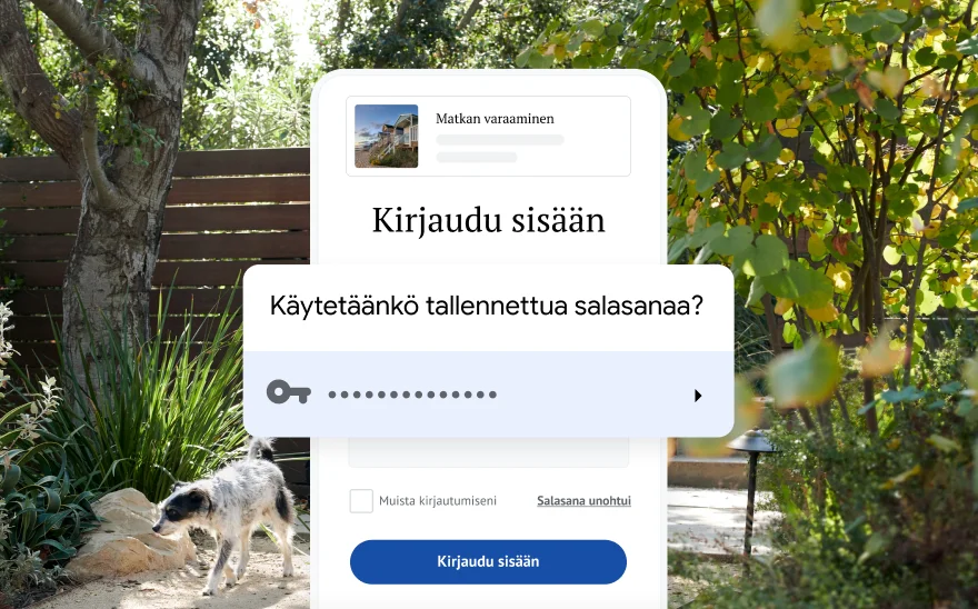 Matkavarauksen kirjautumissivu, jossa pyydetään käyttämään tallennettua salasanaa. Taustalla näkyy luonnonmaisema.