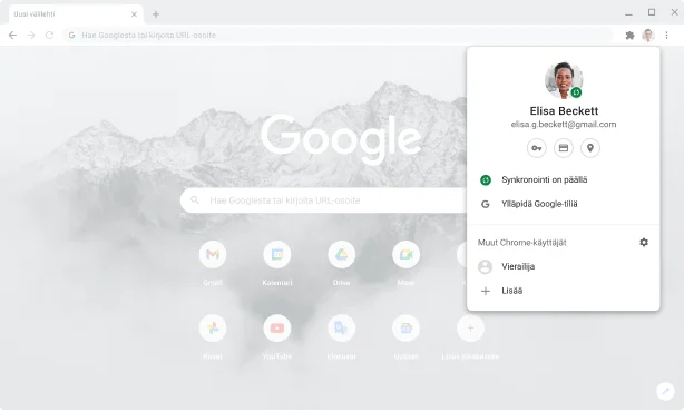 Chrome-selainikkuna, jossa näkyvät synkronointia käyttävien Google-tilien tili- ja synkronointiasetukset.