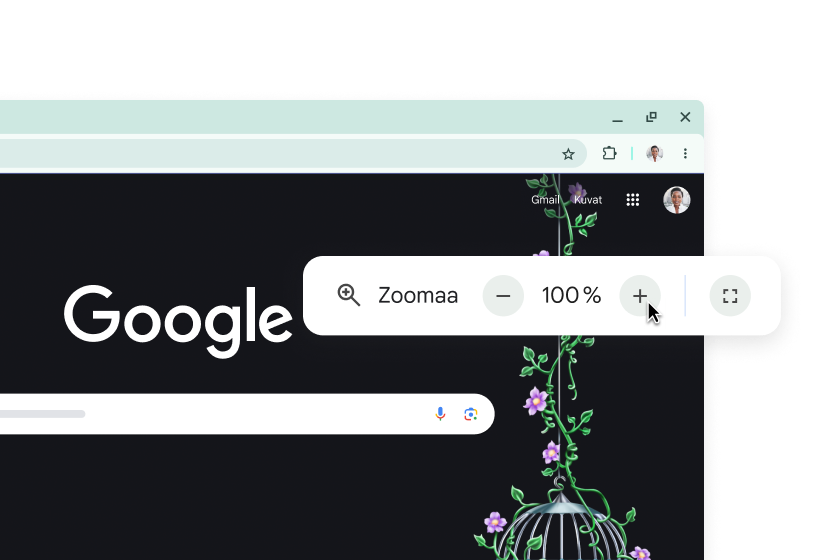 Google-etusivu ja ponnahdusikkuna, zoomaus asetettu 100 %:iin