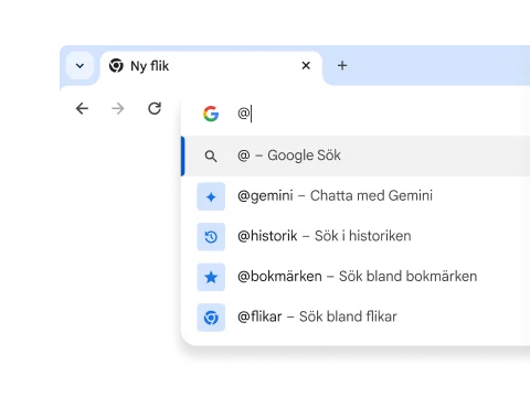 En rullgardinsmeny med genvägar till Gemini, historik, bokmärken och flikar.